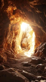 Sunlit cave corridor whispers toward a molten doorway of day