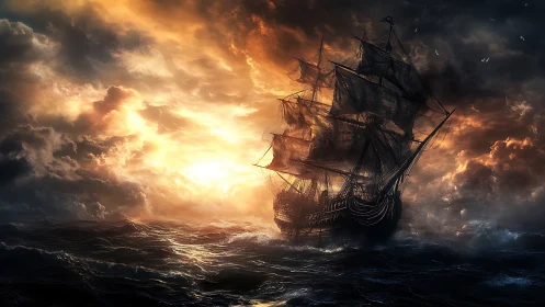 Storm-tossed galleon sails toward a blazing sunset horizon.