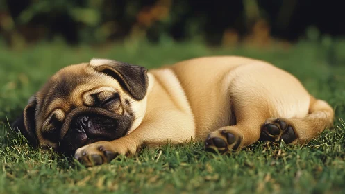 Photorealistic close-up of sleeping pug puppy on lawn.
