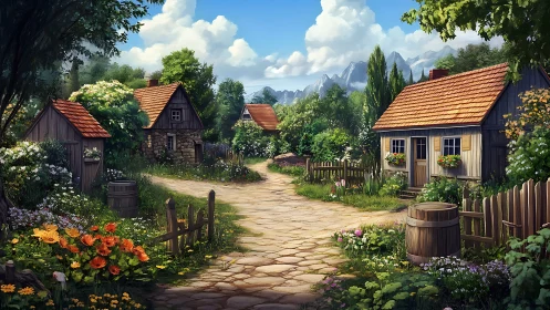 Rural stone path runs between wooden cottages and gardens