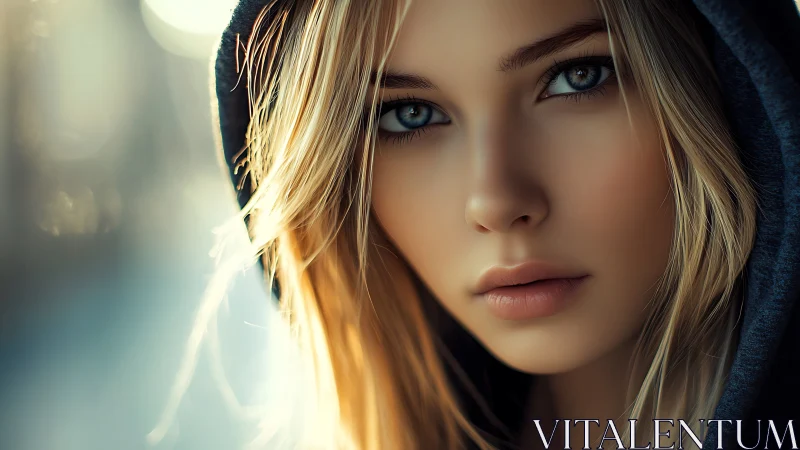 Midnight-hued hoodie frames eyes that quietly steal daylight