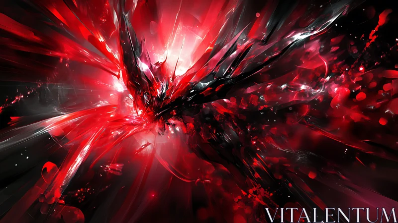Shattered crimson energy erupts in a high-impact digital blast