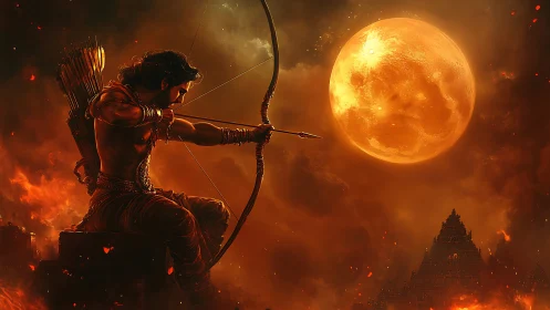 Archer with drawn bow aligns arrow toward large orange moon