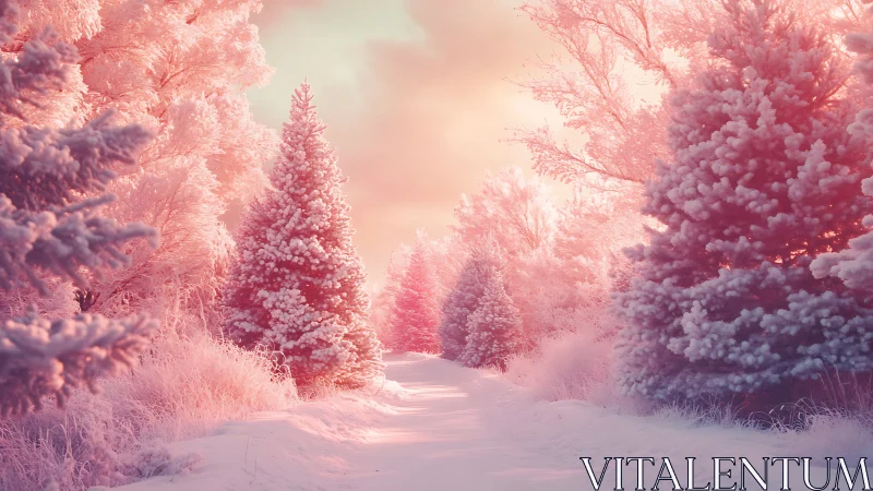 Iridescent winter forest path in pastel pink snowfall glow.