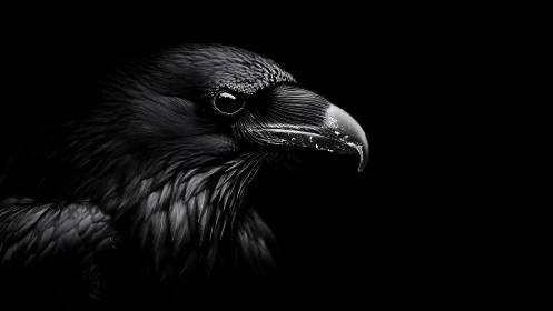 Dramatic black and white raven portrait in high contrast style.