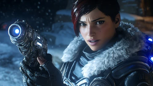 Armored space warrior aims glowing pistol in snowstorm.