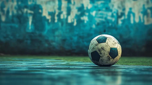 Weathered soccer ball rests calmly on a quiet street court