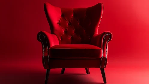 Photorealistic red wingback armchair on monochrome backdrop.