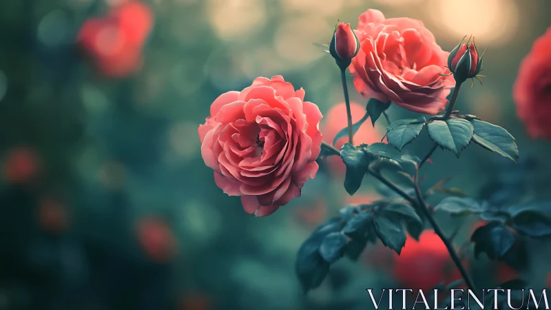 Coral Roses Blooming in Soft Garden Light.