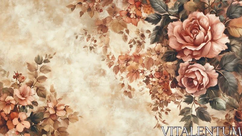 Romantic vintage rose bouquet unfolds across textured canvas