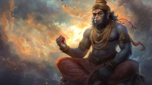 Hanuman deity seated in sky with glowing background.