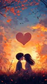 Silhouetted Couple Beneath Luminous Heart with Autumnal Foliage Overlay