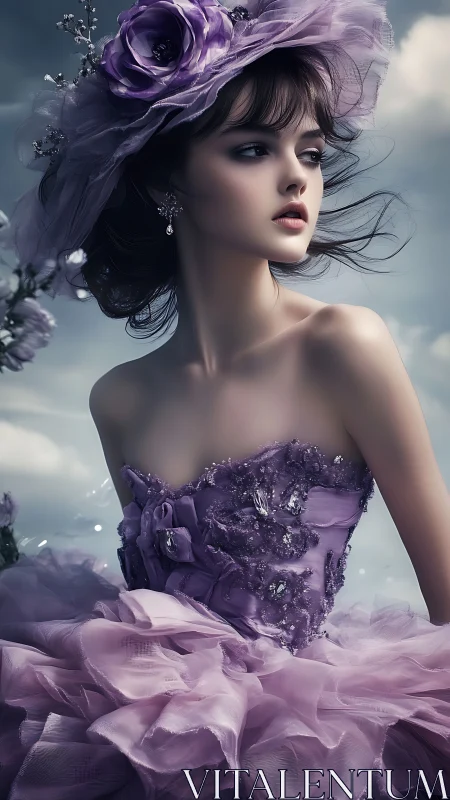 Elegant woman in lilac gown gazes into a dreamy twilight sky