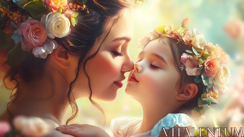 Two figures with floral headpieces in soft-focus composition