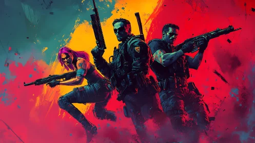 Neon tactical squad framed by explosive duotone backdrop.