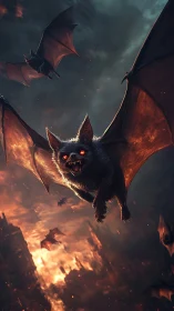 Flying bat with glowing red eyes charges toward viewer