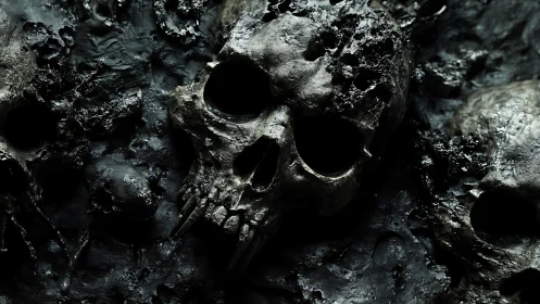 Rendered corroded skulls emerge from dark textured surface