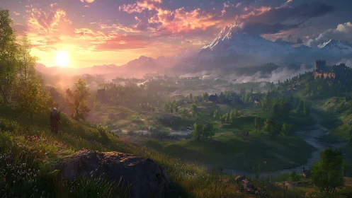 Sunset over expansive valley with distant snowcapped mountain.