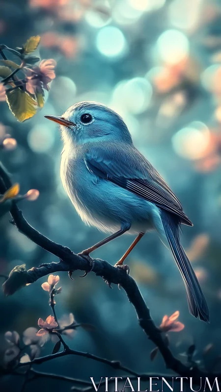 Blue songbird on blossom branch in soft bokeh forest.