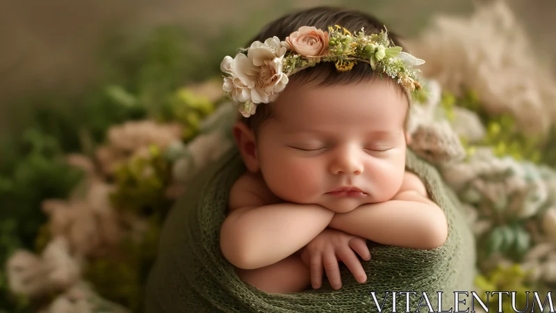Sleeping Newborn with Floral Crown in Botanical Wrap Environment