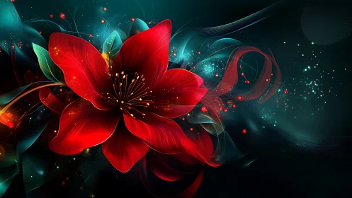Digital red flower composition occupies a dark abstract field