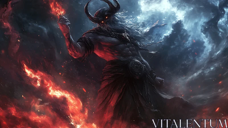 Infernal warlord stitches wildfire across a storm-torn sky