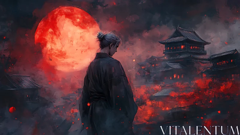 Lone warrior before burning temple under blood moon.