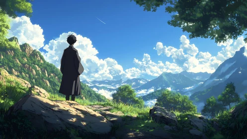 Solitary figure observing distant mountain valley panorama.