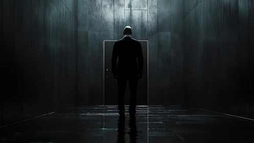 Silhouetted figure in dark corridor facing closed door.