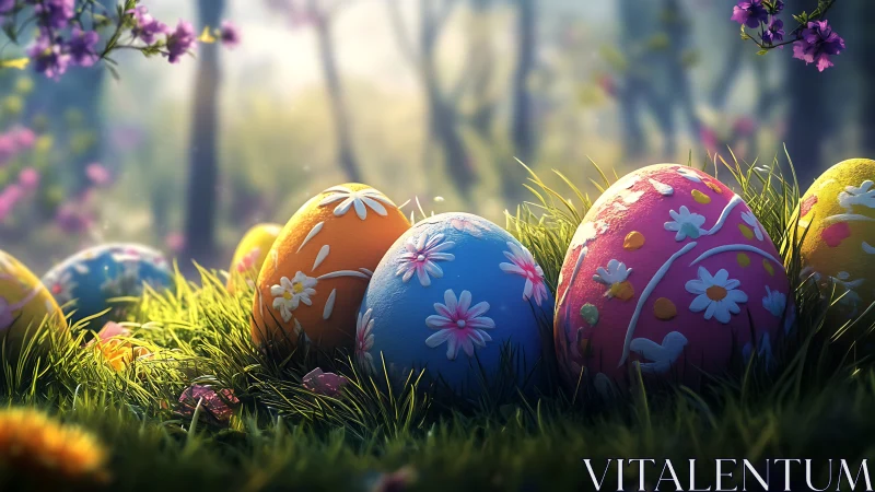 Decorated Easter eggs rest in bright grass under soft light