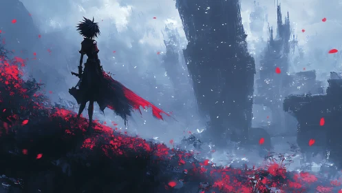 Silhouetted warrior surveys misty ruined towers ahead