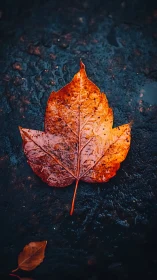 Autumn maple leaf gleams on wet dark stone surface.