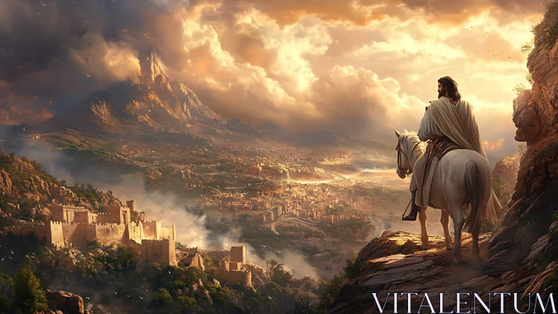 Cloaked rider greets a sunlit valley kingdom from high cliffs