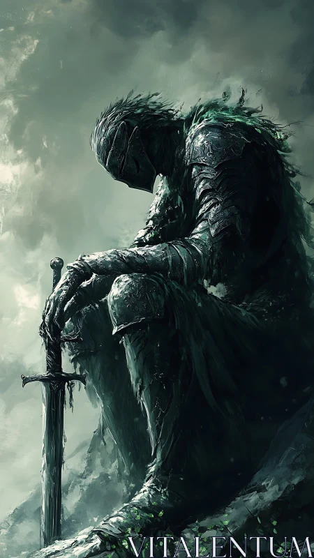 Weathered knight listens to the storm humming in his blade