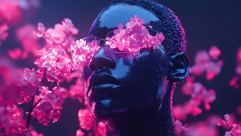Digital human head with glowing pink flowers over glasses