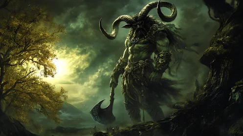 Horned forest warlord looming over misty valley at dusk.