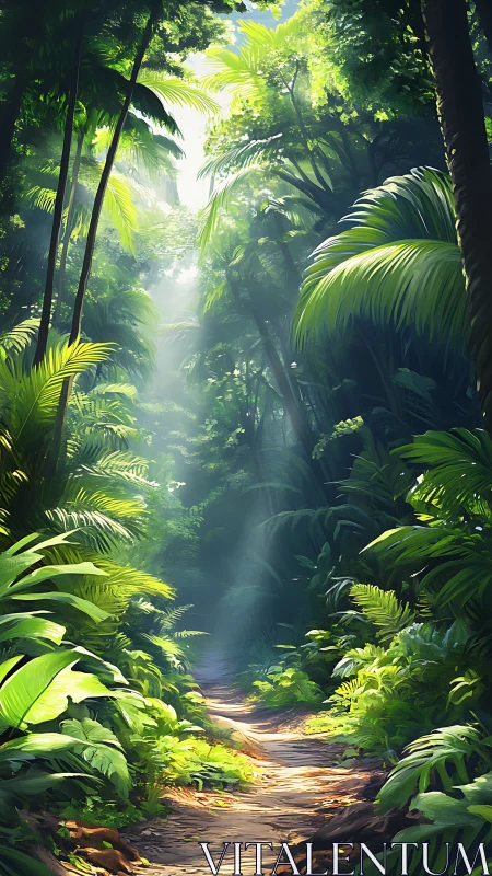 Dense Tropical Jungle Path with Sunlight Streaming Through Dense Canopy.