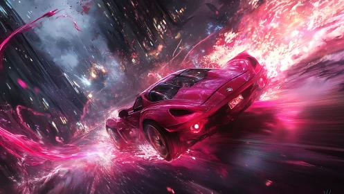 Futuristic red sports car on neon trail in rainy cityscape.