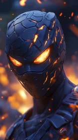 Lava-armored cyber assassin with molten visor highlights rendered.