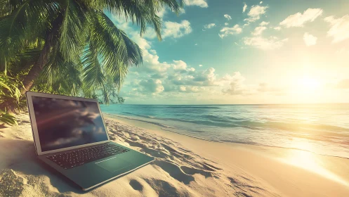 Laptop on tropical beach shoreline under bright sunset light.