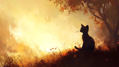 Black cat silhouette against blazing autumn sunset glow.