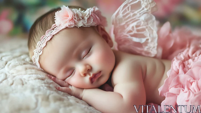 Sleeping baby lies on side wearing pink lace headband