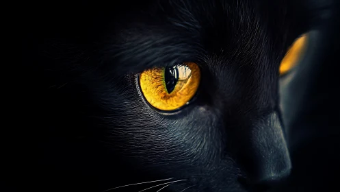 Black Cat's Yellow Eye in Dark Close-up.