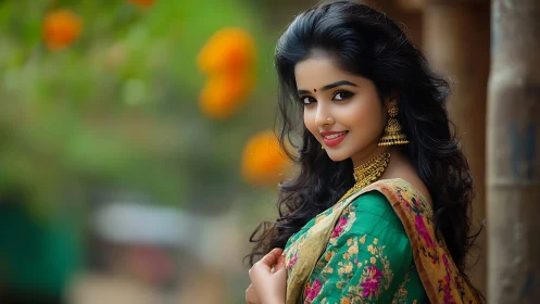 Portrait study of woman in sari with shallow depth-of-field.