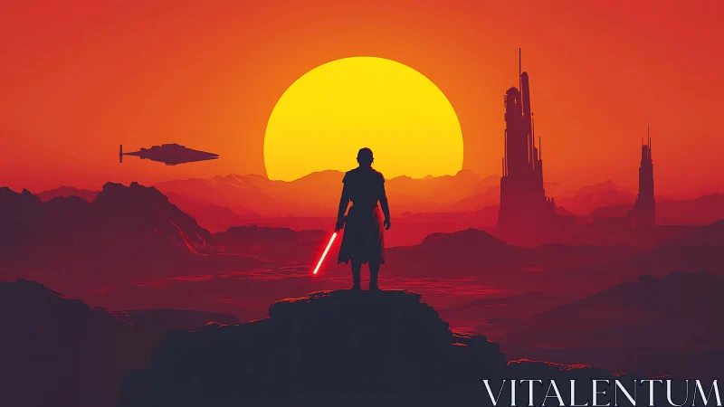 Silhouetted warrior overlooks alien city under burning sun