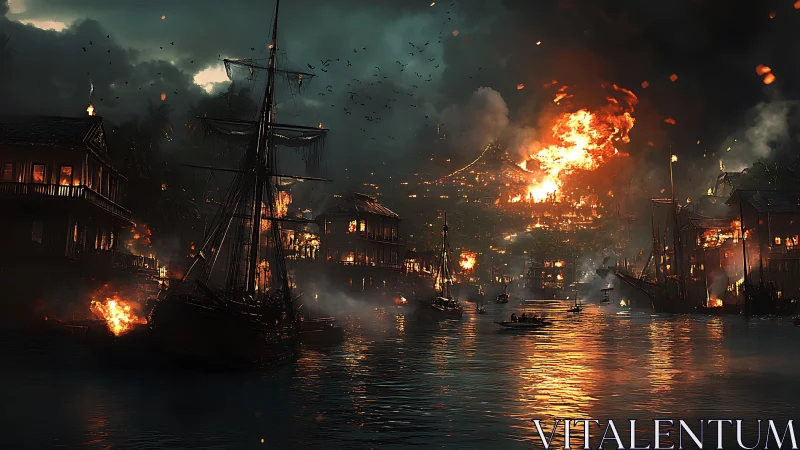 Medieval port settlement engulfed in large-scale fire and smoke.