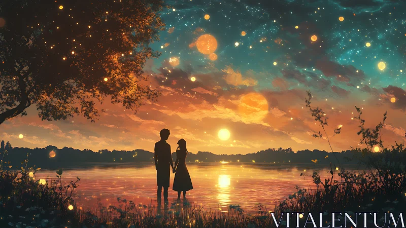 Starlit lakeside lovers under glowing sunset skyscape.