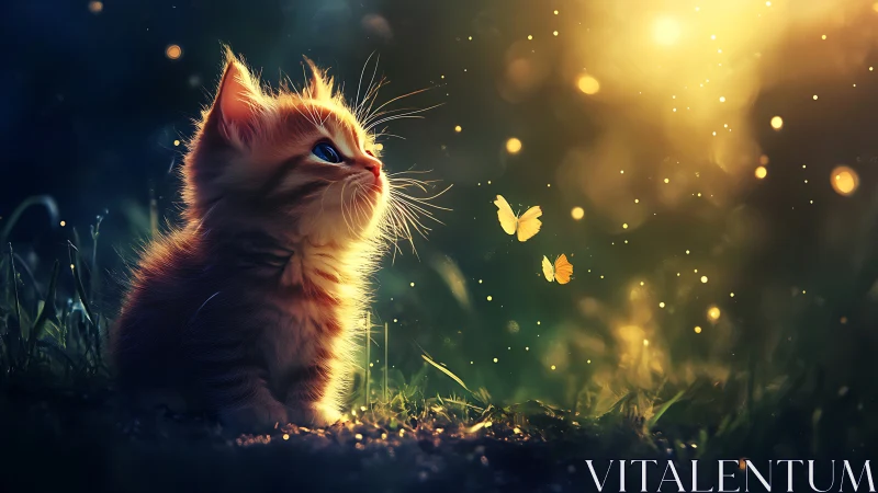 Felis catus with luminescent bokeh and lepidoptera interaction. Golden hour rendering.