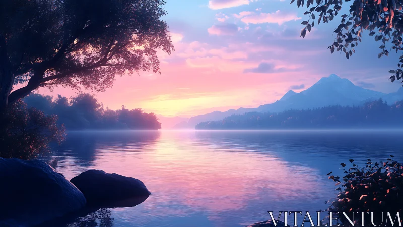 Serene mountain lake under pastel dawn sky reflection.