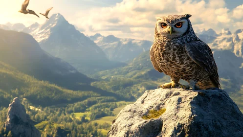 Majestic Owl on Rocky Cliff at Sunrise in Realistic Mountain Landscape.